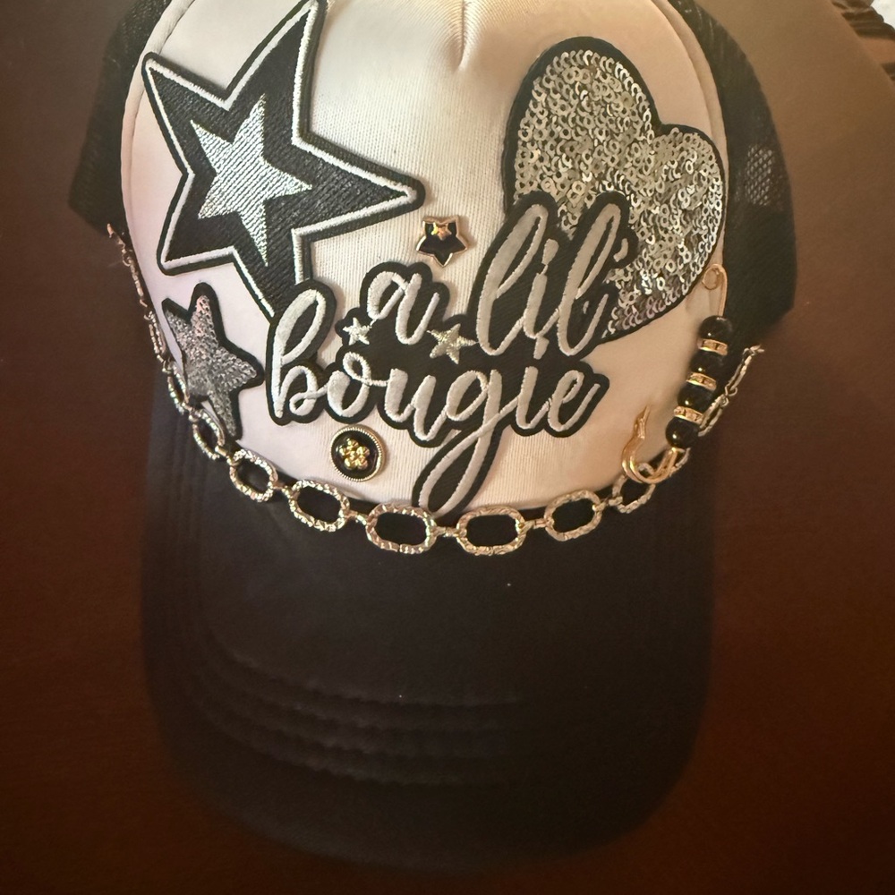 Black and White Kids Cap with Star and Heart Accents